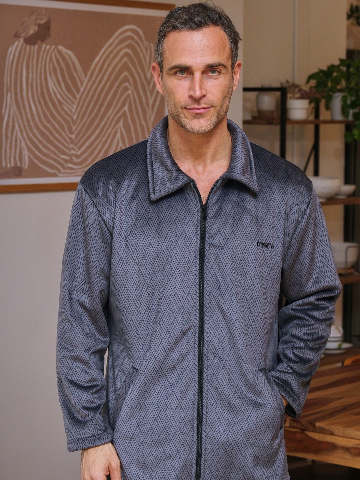 Bata de hombre con cremallera de Muslher, espiga gris