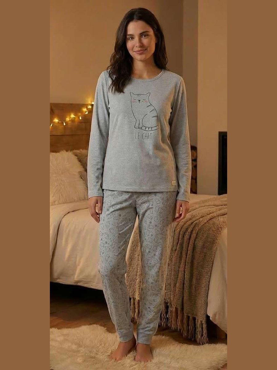 Pijama de mujer de algodón con gato 8660 Waterlemon en Único
